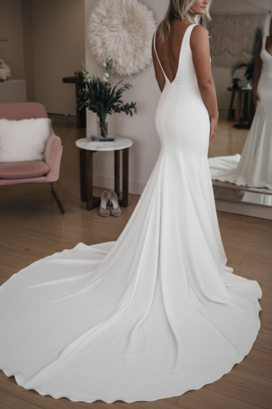 Simple V-Neck Mermaid Wedding Dress with Long Train Backless Beach Bridal Gown
