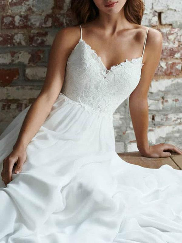 Simple Wedding Dress A Line V Neck Straps Sleeveless Lace Chiffon Bridal Dresses With Train For Beach Party