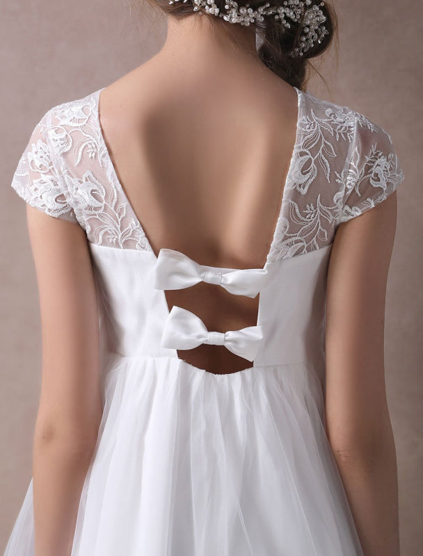 Simple Wedding Dresses Short Empire Waist Lace Tulle Cap Sleeve Pregnant Bridal Dress