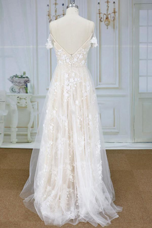 Spaghetti Strap Lace Tulle A-line Wedding Dress