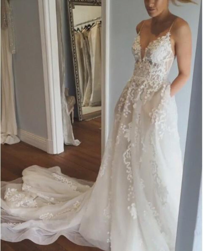 Spaghetti Strap V Neck Beach Court Train Tulle Wedding Dress with Lace