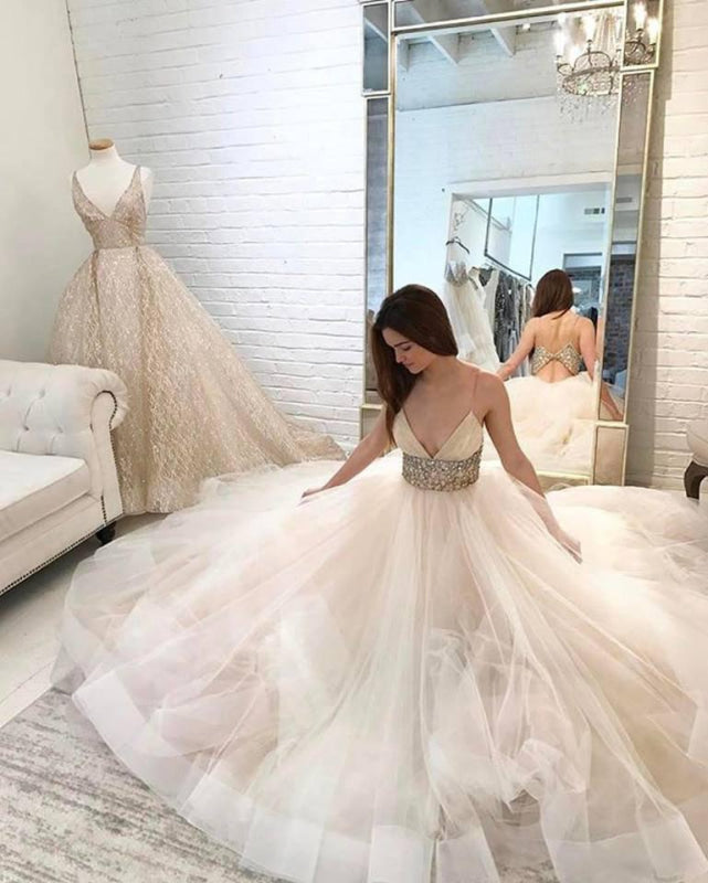 Spaghetti Straps Ivory Beaded Dress Ball V-neck Gown Tulle Wedding Dresss