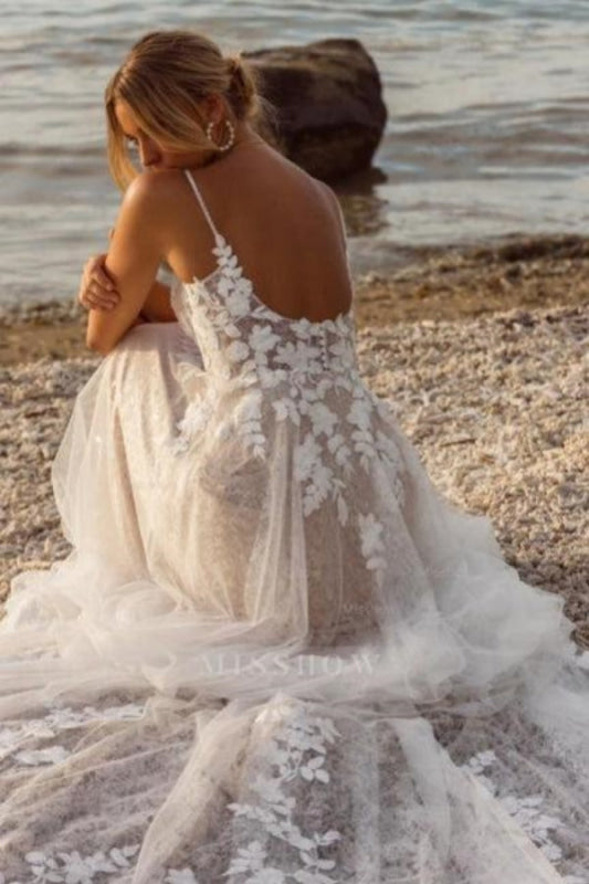 Spaghetti Straps Tulle Lace Wedding Dress Aline Sleeveless