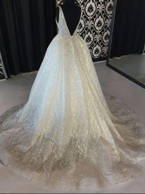 Sparkly A Line V Neck Backless Ivory Long Wedding Dress