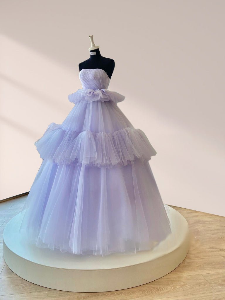 Strapless Pleated Tulle Floor Length Tiered A Line Prom Dress