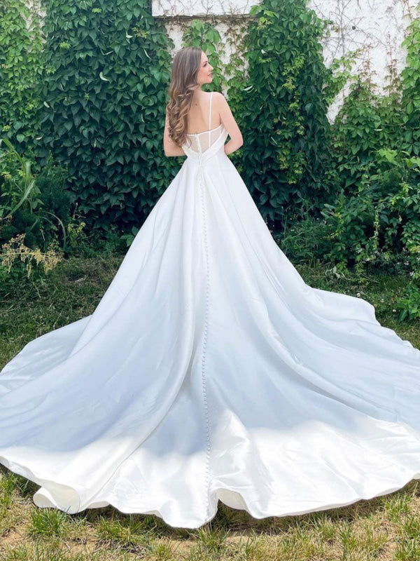 Sweetheart Open Back White Aline Wedding Dresses with Train