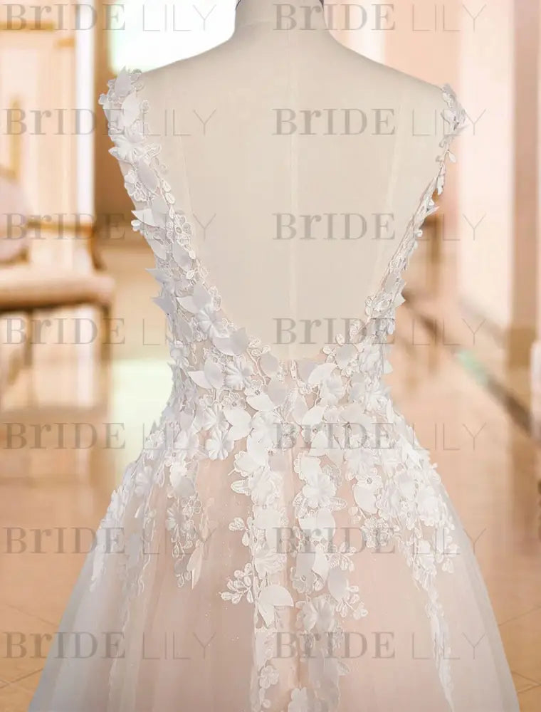 Tulle Deep V Neck A Line Sleeveless Multilayer Tulle Lace Applique Classic Bridal Gowns With Train