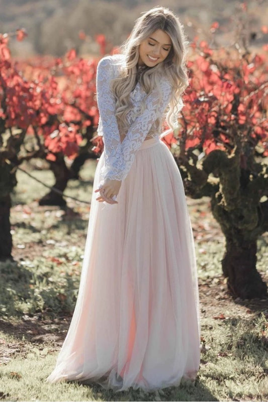 Two Piece Long Sleeves Lace Blush Pink Boho Beach Wedding Dress
