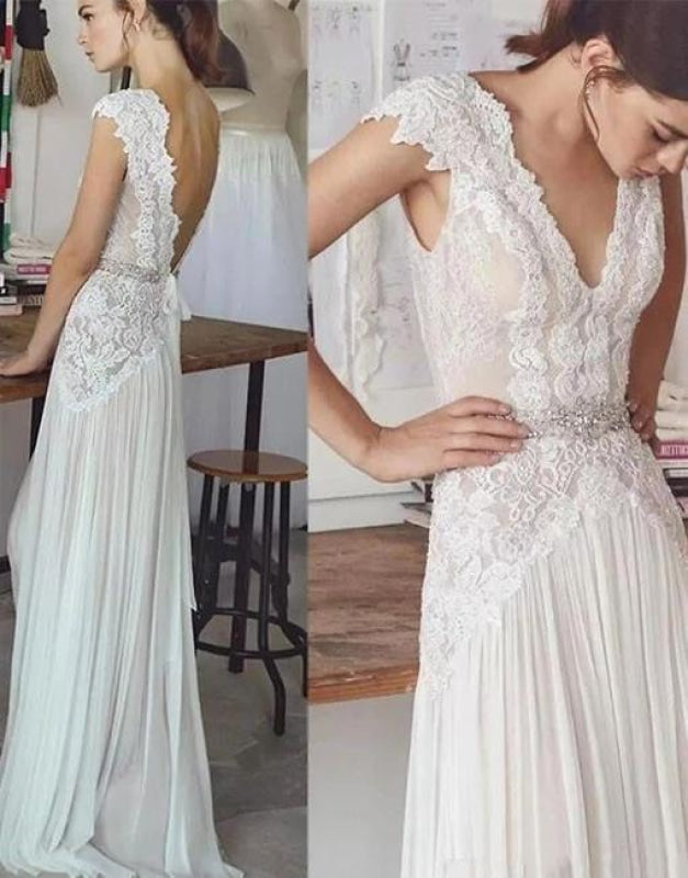 Unique V Neck Cap Sleeves Chiffon Beach Wedding Dress