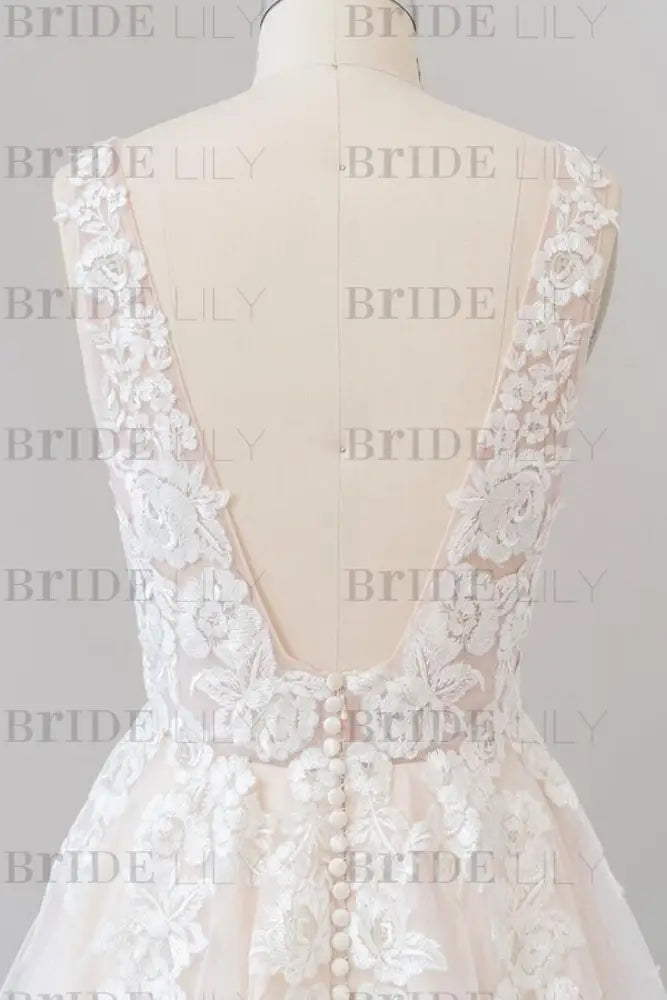 V-neck Appliques Tulle Floor length Wedding Dress
