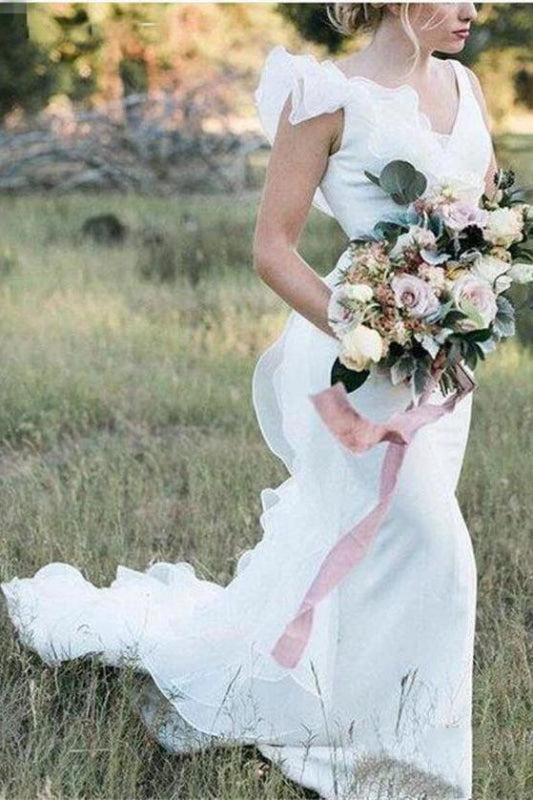 V Neck Backless Mermaid White Long Simple Wedding Dress