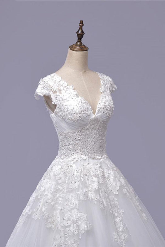 V-Neck Cap Sleeve Lace-up Tulle Wedding Dress