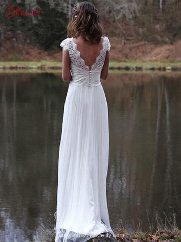 V-Neck Cap Sleeves Tulle Backless Boho Wedding Dresses