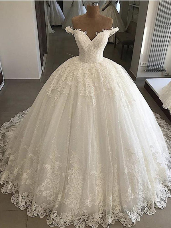 V-Neck Lace Sequins Ball Gown Wedding Dresses