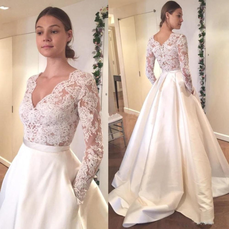 V Neck Long Sleeves Ruffles Wedding Dresses