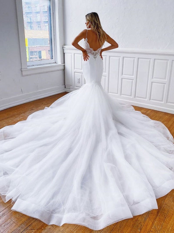 V Neck Mermaid Backless Wedding Dresses White Chapel Train Lace Dress