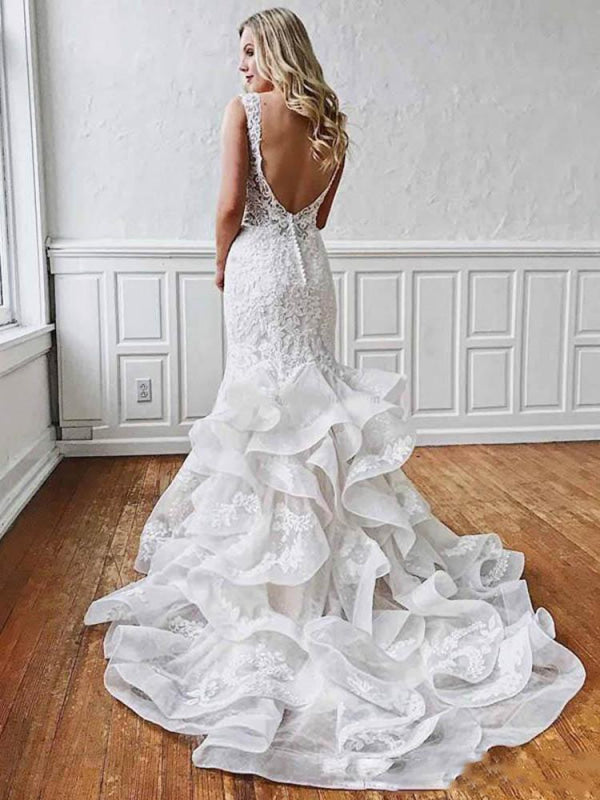 V Neck Sleeveless Backless Covered Button Mermaid Wedding Dresses