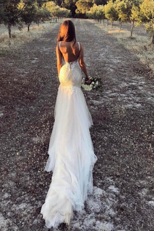 Vintage Mermaid V Neck Backless Tulle Wedding Dress