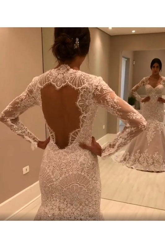 Vintage Sleeves Mermaid Long Open Back Wedding Dress