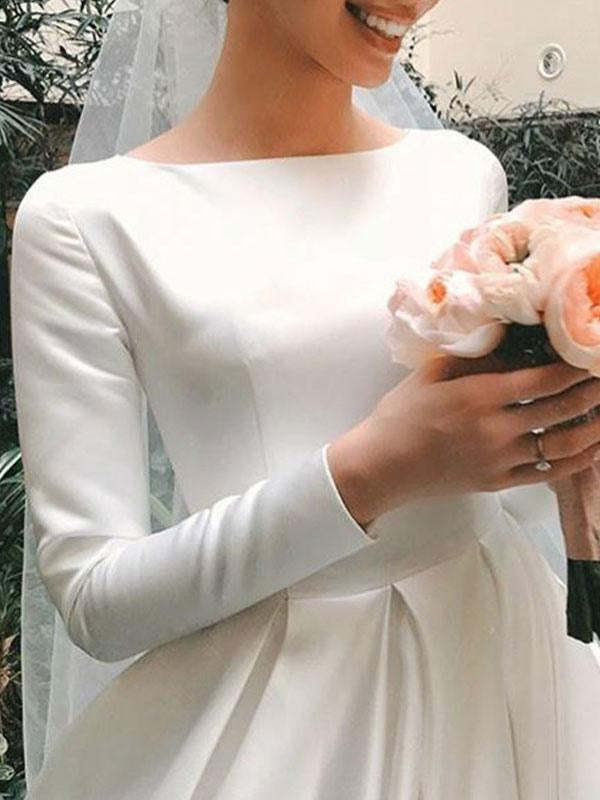 Vintage Wedding Dress Jewel Neck Sleeveless Satin Chapel Train Pleated Dresses For Bride