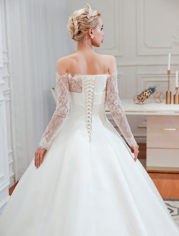 Vintage Wedding Dress Off The Shoulder Long Sleeve Princess Satin Floor Length Bridal Gowns With Train