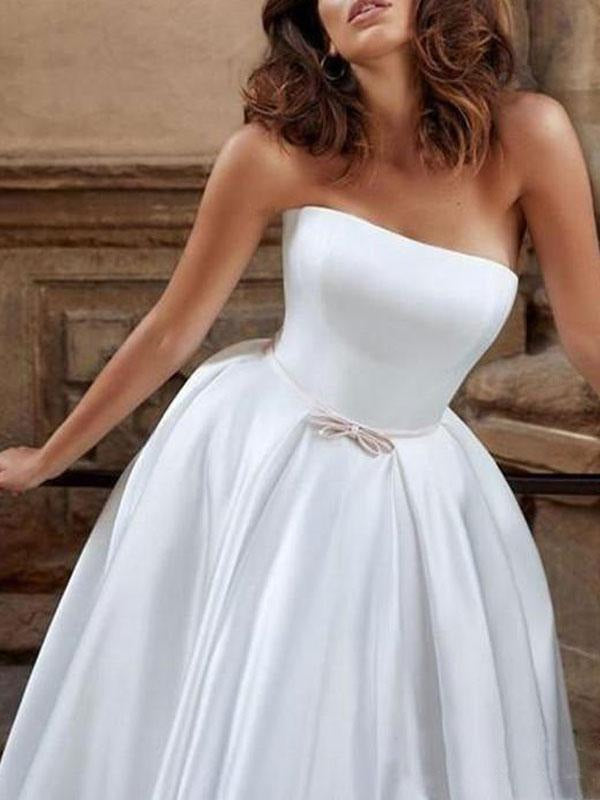 Vintage Wedding Dress Strapless Sleeveless Satin Floor Length Bows Traditional Dresses For Bride