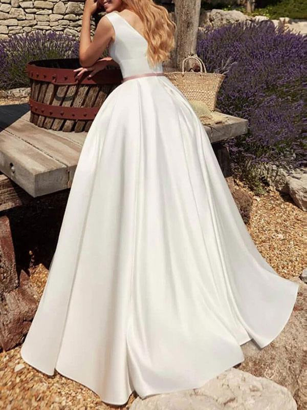 Vintage Wedding Dresses Floor Length Sleeveless Sash Satin Bridal Gowns