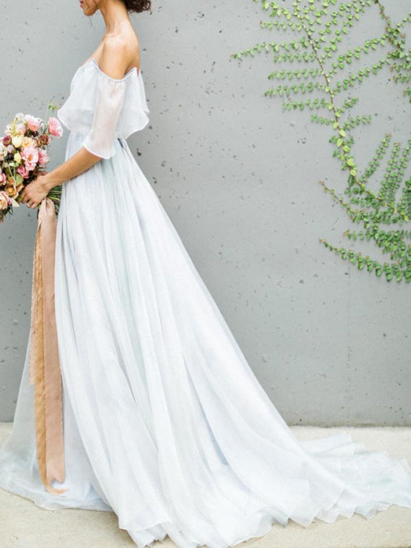 Off The Shoulder Wedding Dress A Line Sleeveless Pleated Court Train Chiffon Boho Bridal Gowns