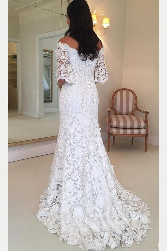 White Off the Shoulder Half Sleeves Sweep Train Lace Wedding Dress