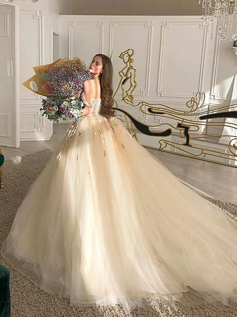 Off Shoulder Long Champagne Lace Champagne Quinceanera Dresses