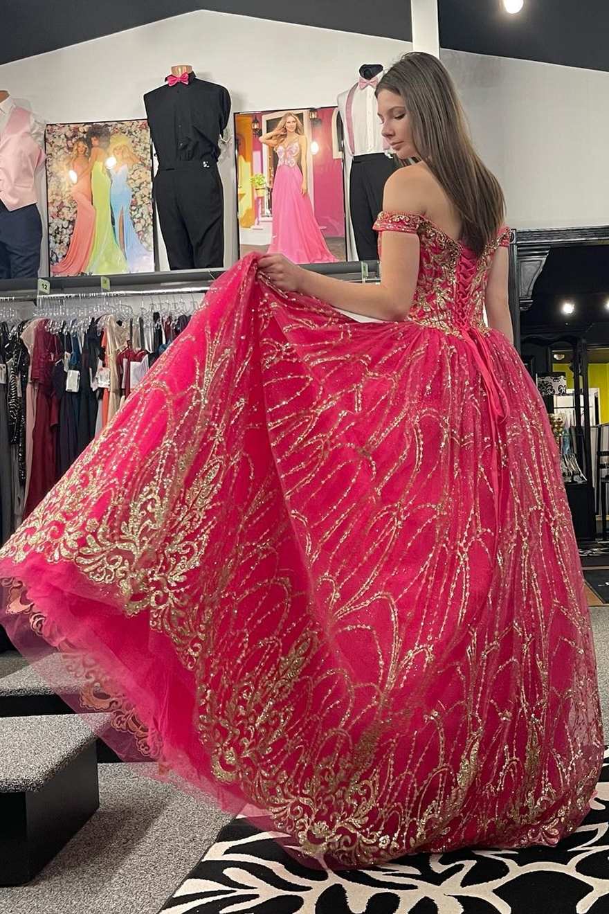 Quinceanera Dress Princess Off-the-Shoulder Red Sequin Lace Ball Gown