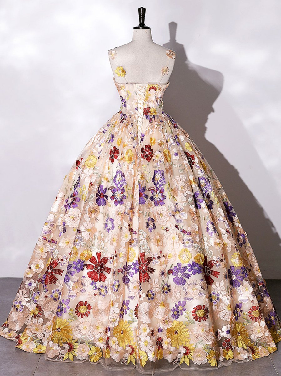 Quinceanera Dress Champagne A-line Flowers Long Prom Dress