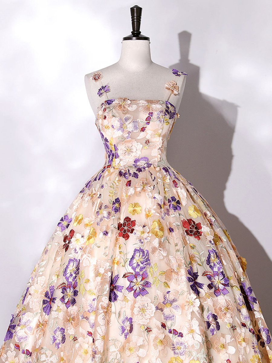 Quinceanera Dress Champagne A-line Flowers Long Prom Dress