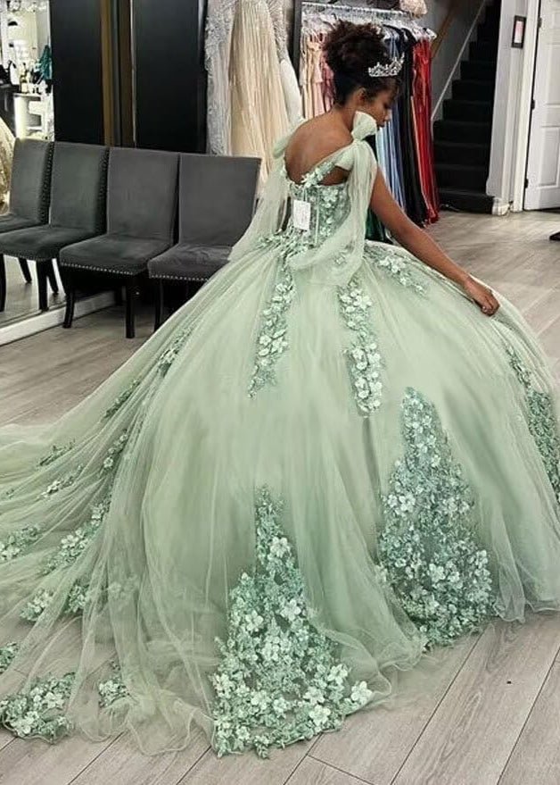 Ball Gown Tulle Off The Shoulder Sage Green Quinceanera Dress