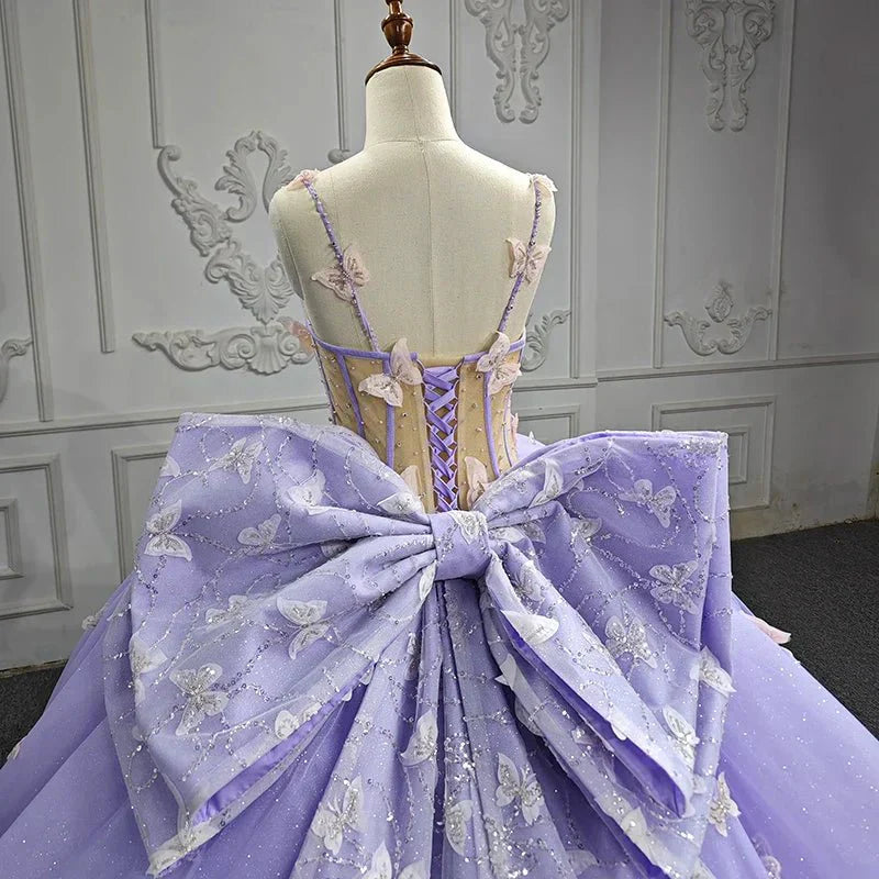 Spaghetti Straps Quinceanera Dresses Ball Gown with Butterfly Appliques and Bowknot