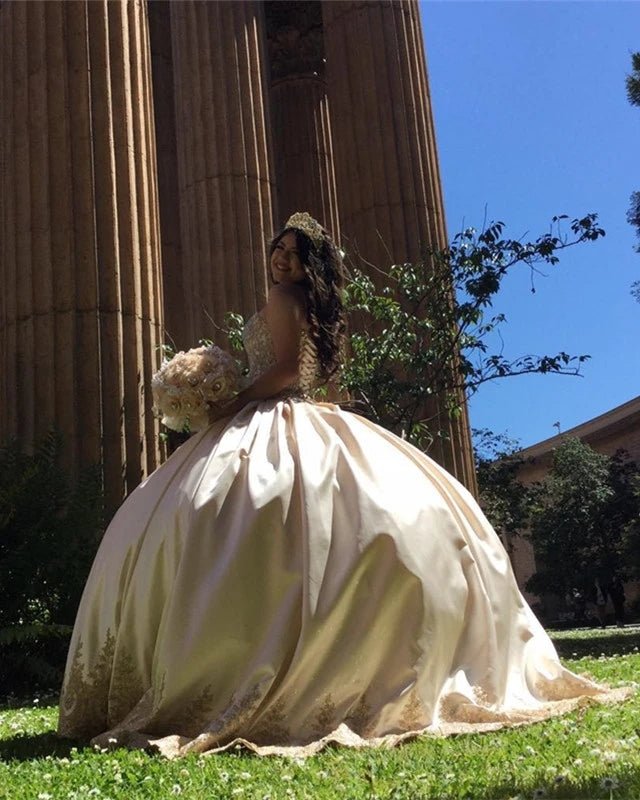Sweetheart Embroidery Satin  Champagne Quinceanera Dresses Lace Ball Gowns