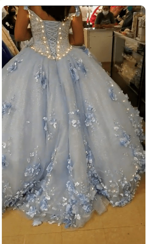 Sky Blue 3D Appliques Off The Shoulder Ball Gown Quinceanera Dresses