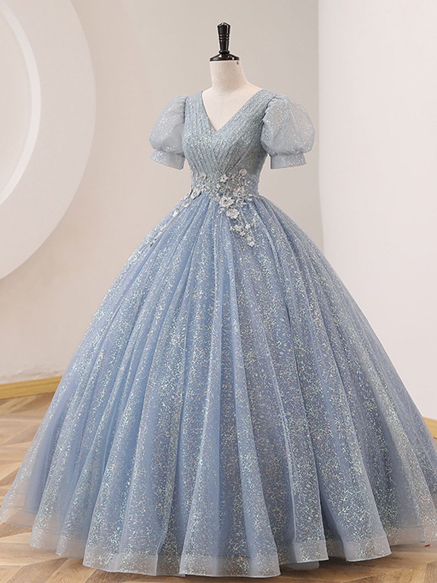 Quinceanera Dress V Neck Tulle Sequin Gray Blue Long Prom Dress