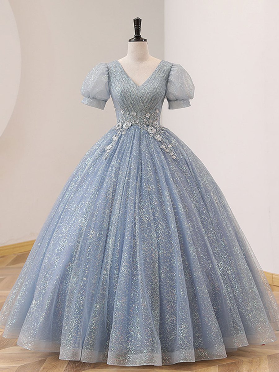 Quinceanera Dress V Neck Tulle Sequin Gray Blue Long Prom Dress