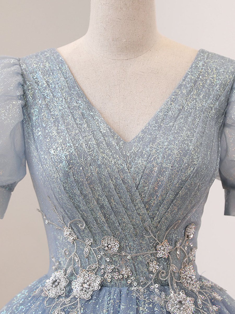 Quinceanera Dress V Neck Tulle Sequin Gray Blue Long Prom Dress