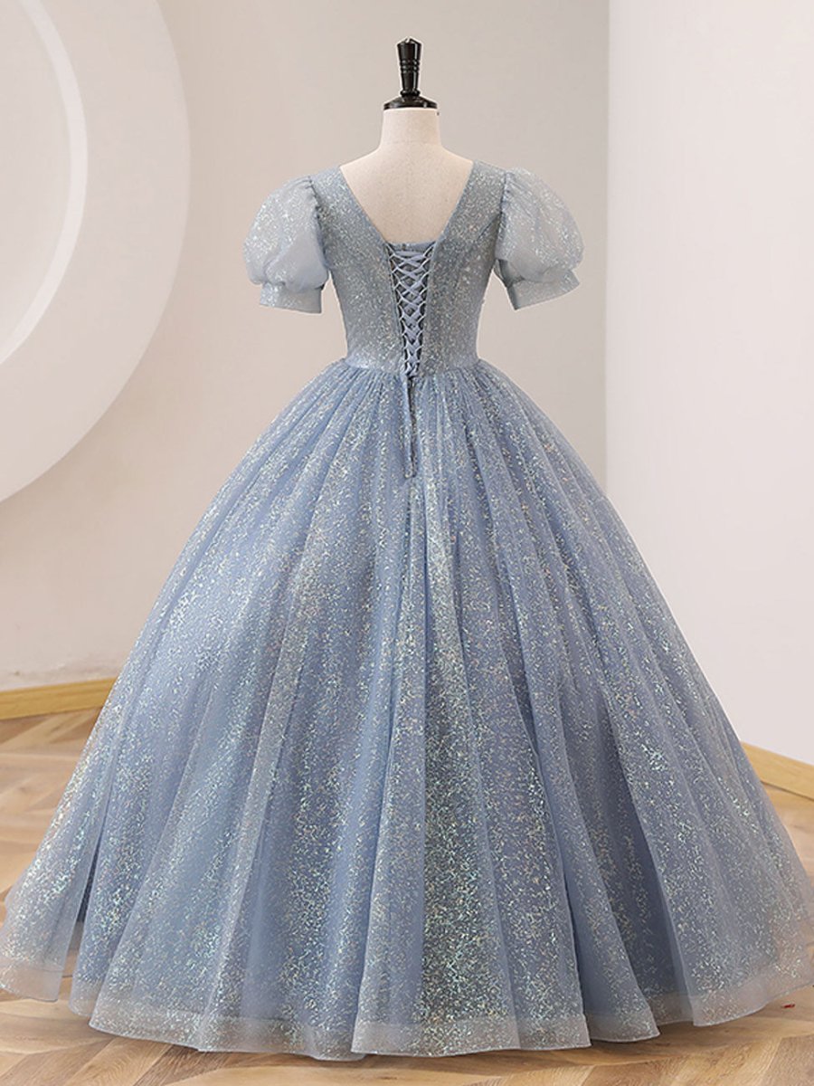Quinceanera Dress V Neck Tulle Sequin Gray Blue Long Prom Dress