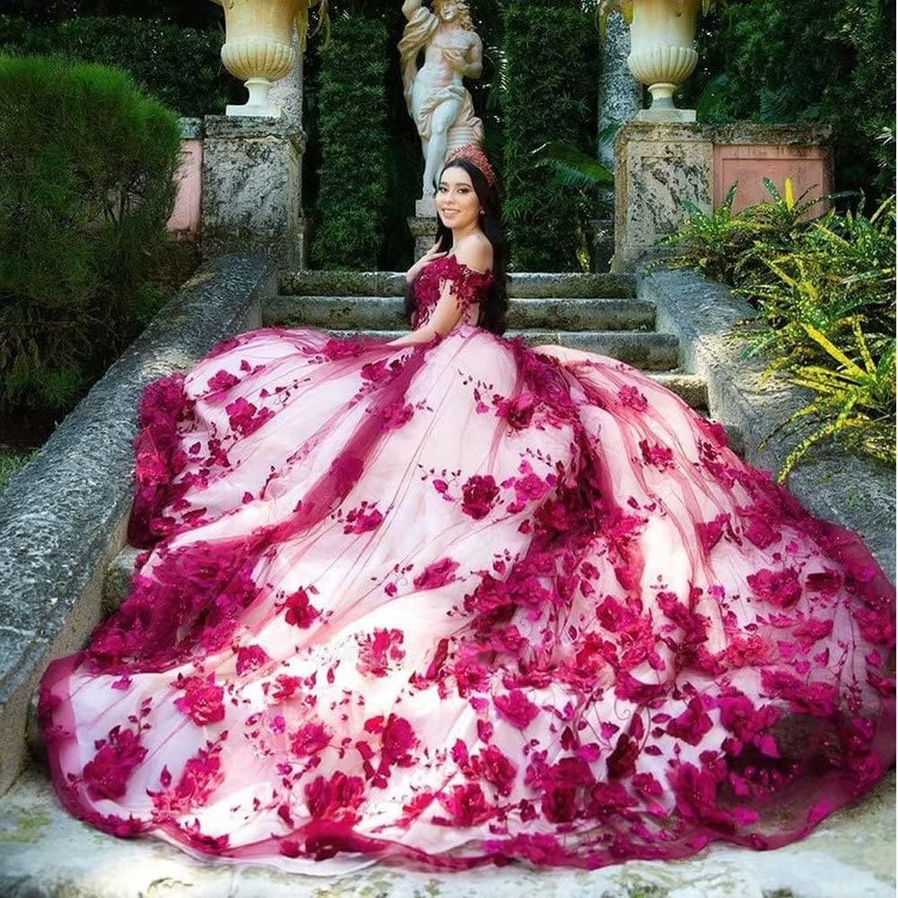 Red Lace Quinceanera Dress Off Shoulder Corset Vestidos Pearls Flowers