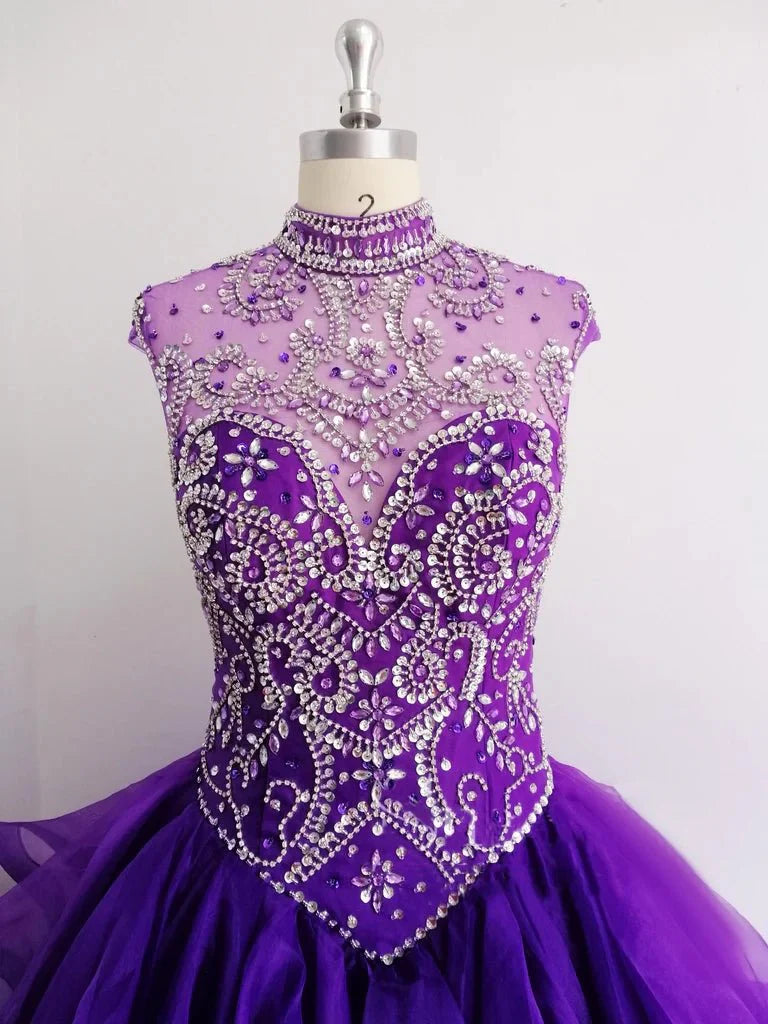 Royal Blue Organza High Neck Quinceanera Dresses Burgundy Prom Dresses