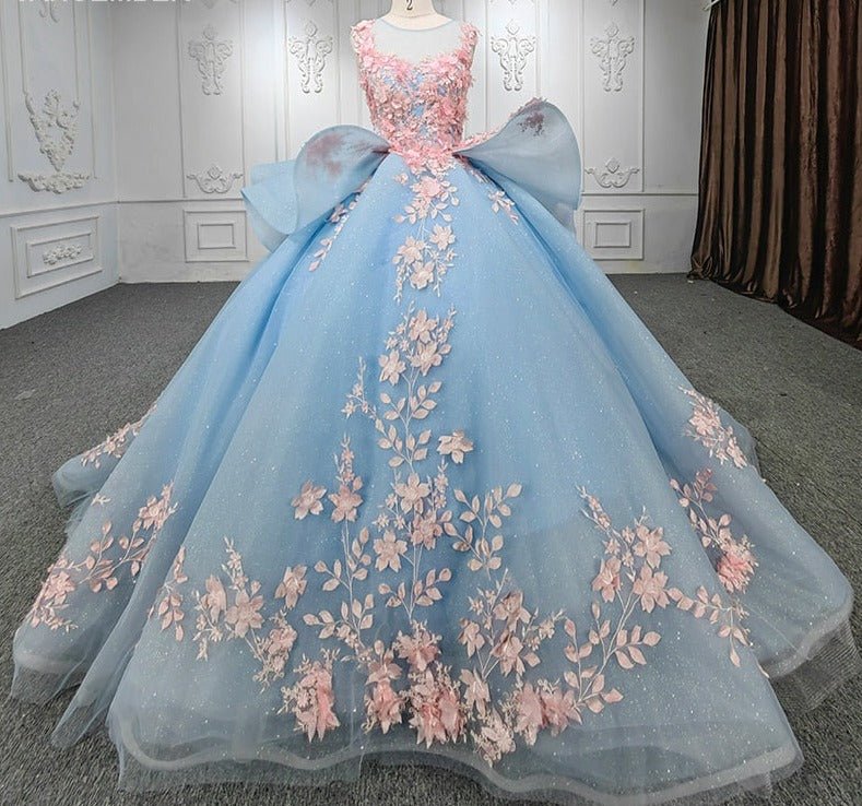Quinceanera Sky Blue Flower Ball Gown Dress
