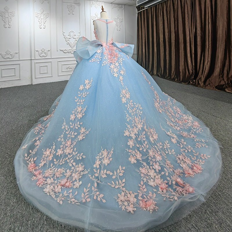 Quinceanera Sky Blue Flower Ball Gown Dress