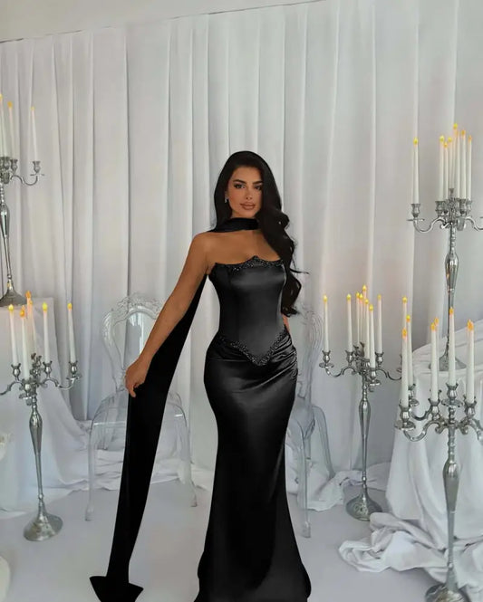 Stunning Satin Mermaid Prom Dress Beadings with Wrap