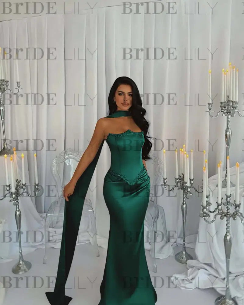 Stunning Satin Mermaid Prom Dress Beadings with Wrap