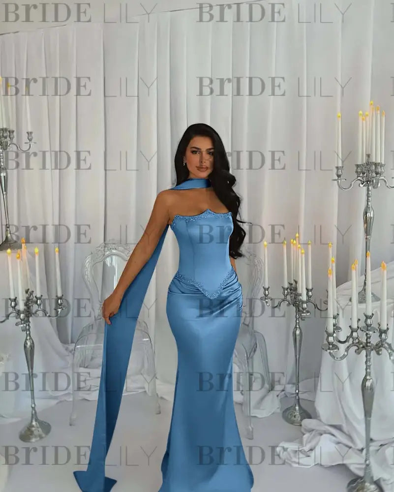 Stunning Satin Mermaid Prom Dress Beadings with Wrap