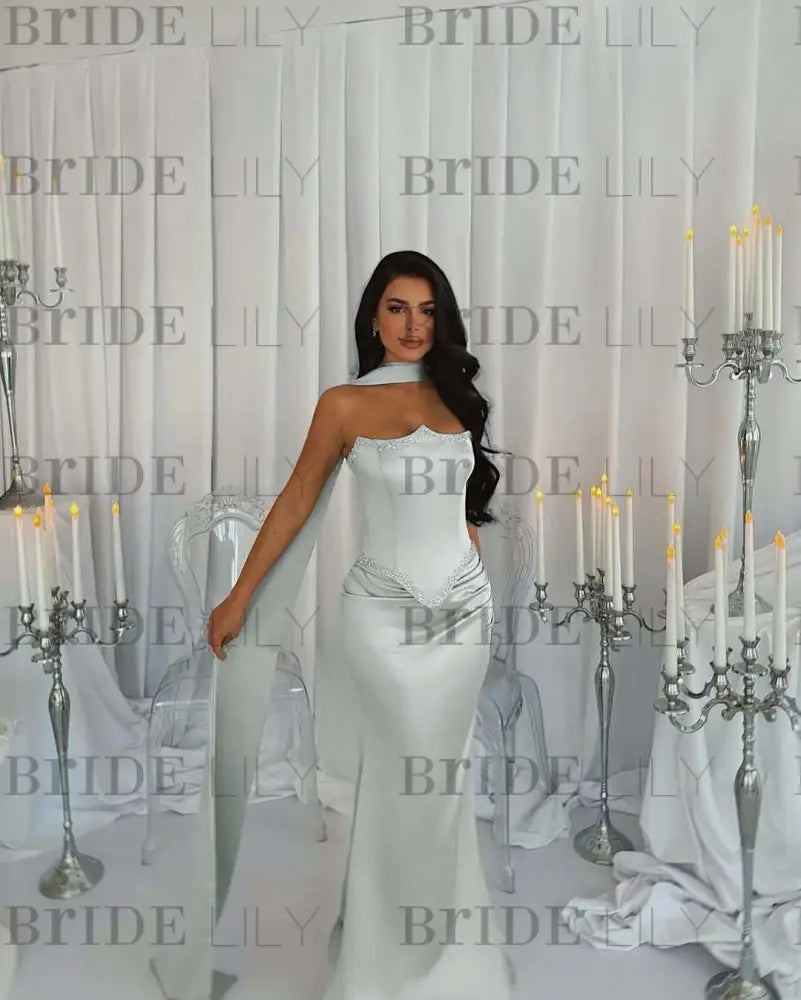 Stunning Satin Mermaid Prom Dress Beadings with Wrap