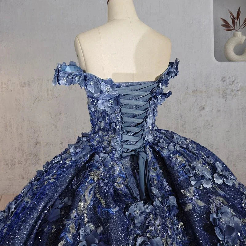 Sweetheart A Line Off-the-shoulder Quinceanera Dresses with 3D Flower and Pearls